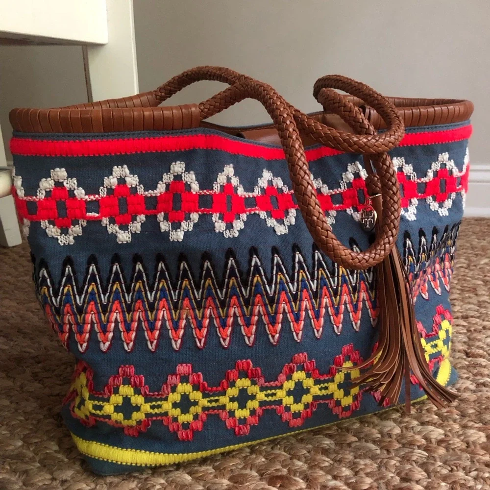 Tory Burch Taylor Aztec Linen Tote with Calf Leather.